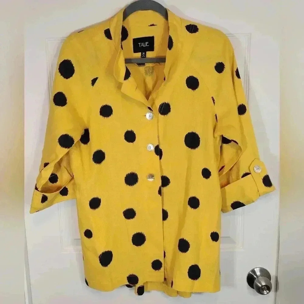 TALIE Yellow‎ Black Polka Dot Linen Blend Button Front 3/4 Sleeve Shirt Top M